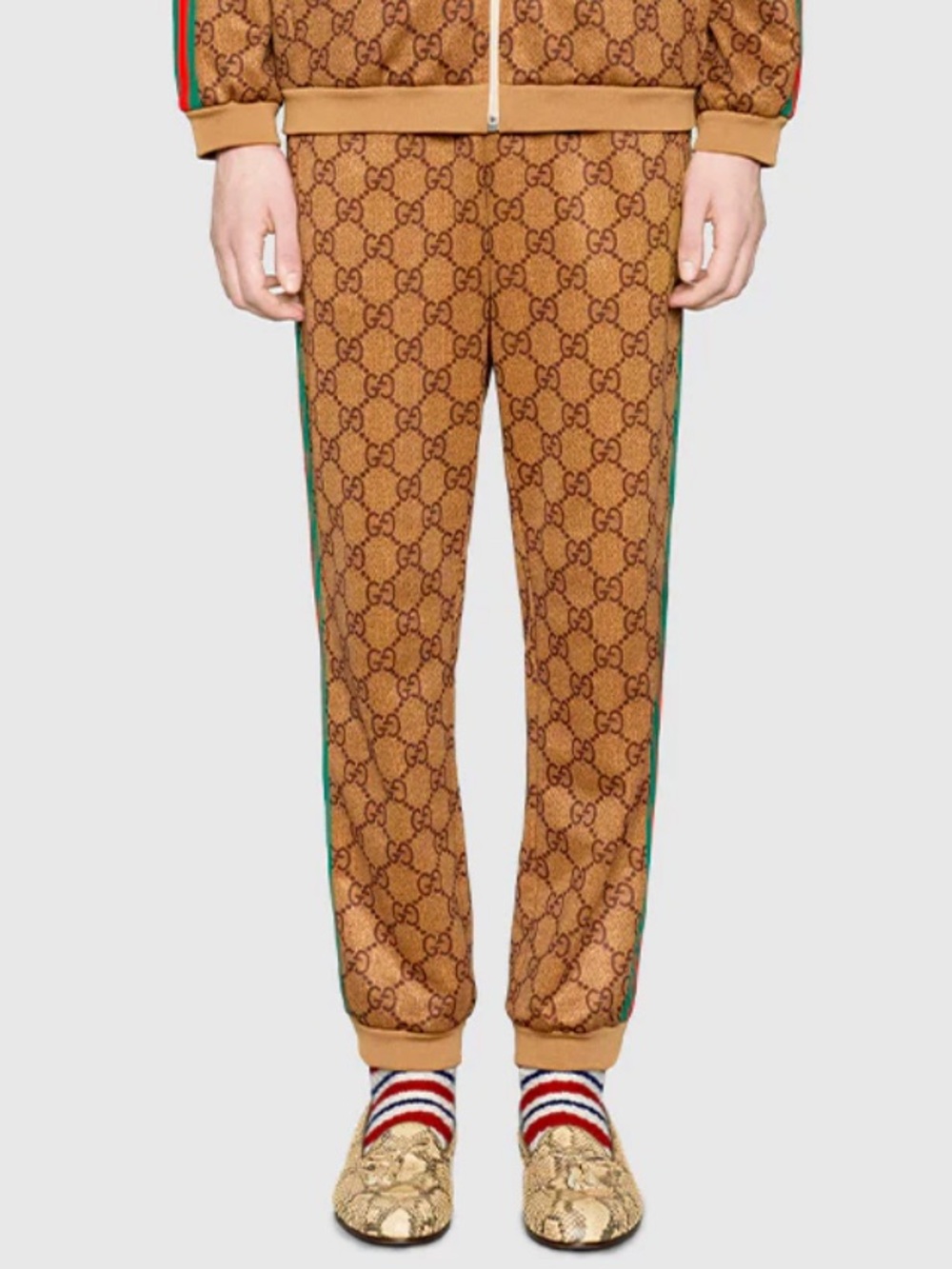 Gucci Brown GG Monogram Track Pants with Green Side Stripe